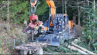 Bagger mit Prozessor beim Holz 🪓 an der Seilbahn mit Forstunternehmen Bernet & Mathys Teil 3