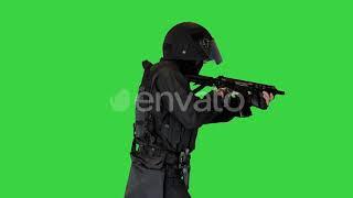 Armed SWAT Police Officer Aiming Rifle Green Screen Chroma Key