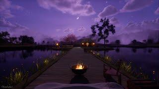 A Beautiful Purple Night Ambience In A Peaceful Countryside | Crackling Fire, Crickets, Water Sounds