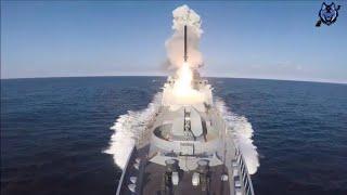 The Admiral Grigorovich-class Frigate of the Black Sea Fleet Launches Four Kalibr Cruise Missiles 