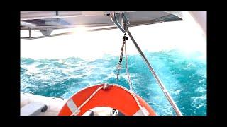 Wild ride Seawind catamaran surfing same wave for 1 min at 15 knots across the Wide Bay Bar