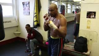 Oliver McCall shadow boxing after sparring with Fres Oquendo