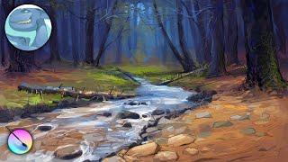 Forest landscape with a small river - Digital painting in Krita