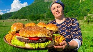 A Couple Cooks HUGE PAPA BURGER and Little Kids Burgers in the Wilderness