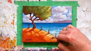 Painting Beach Tree Landscape Time-lapse / Acrylic Art Process Steps