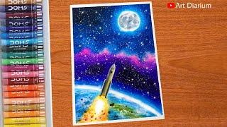 National Space Day : Space Scenery Drawing with Oil Pastel | Step-by-Step