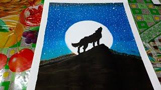 My New Drawing || How To Draw Wolf With Oil Pastels || Moonlight Wolf Drawing With oil Pastels