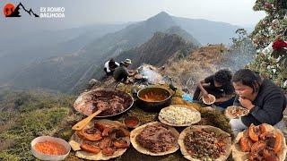 Nepali Traditional Food Dhido Gundruk Bhatmas Makai Pork Sekwa Outdoor Cooking & Eating Top Mountain