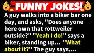 FUNNY JOKES! - A guy walks into a biker bar and asks, "Does anyone here own that rottweiler...