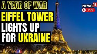 Eiffel Tower Illuminated With The Colours Of Ukraine's Flag To Mark 1 year of Russia Vs Ukraine War