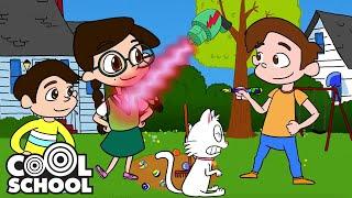 Super Drew uses a SHRINK RAY to help Nikki's Kitty Cat | Cartoons For Kids