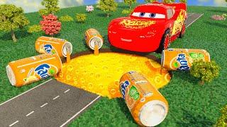 Big & Small Cars vs Giant Coca Cola & Mountain Dew & Fanta Pit in Teardown