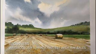 Beginners SUMMER HAY HARVEST WATERCOLOR Landscape, Loose Watercolour PAINTING Techniques Tutorial