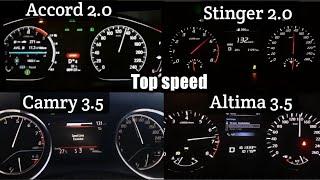 Honda accord Vs Nissan Altima Vs Toyota Camry Vs Kia Stinger top speed / 0-200 speed comparison
