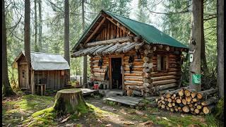 Living in the Wilderness Off Grid. Build Log Cabin in the Woods