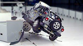 Crash Test FAIL Jeep Wrangler - ROLL OVER During SMALL Overlap Test