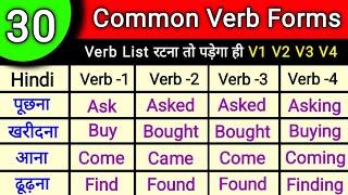 30 Verb Forms in English V1 V2 V3 V4 V5 | Verb Forms in English V1 V2 V3 | Verb Word | Verb Meaning