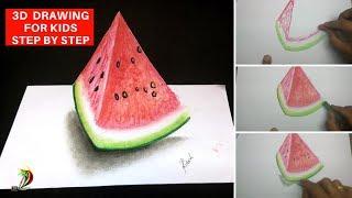 Very Easy..!! 3d drawing for kids step by step | How to draw 3d watermelon on paper less than 20 min