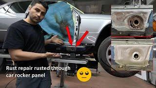 Rust repair rusted through car rocker panel , Rostreparatur verrostet durch den Schweller des Autos