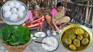 EGG CURRY with KOCHU SHAK  cooking &eating by tribe old couple||rural life India.