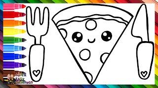 Drawing and Coloring a Cute Slice of Pizza with Cutleries ️ Drawings for Kids