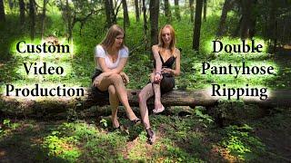 Double Pantyhose ripping, girls ripping pantyhose, nylon ripping, girls shoes exchanging (# 1083)