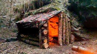 Bushcraft Log Cabin Building for Survival | Camping in the rain