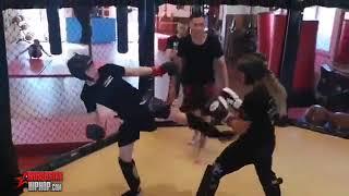 Girl Hit Guy With A Spinning Head Kick In A Sparring Match!