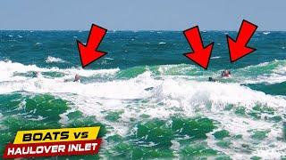 3 people in trouble in ROUGH waves! Can't get back on! | Boats vs Haulover Inlet