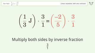 Linear equation with one unknown: Solve 1/3J=(-2)/5 step-by-step solution