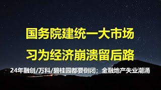 中央强推统一大市场，习为经济崩溃留后路；建议大家好好读读哈耶克；除了碧桂园和万科，融创也够呛了；580万与1000万，金融地产裁员触目惊心。