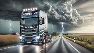 Scania V8 Adventure: Dodging a Heavy Rainstorm on the Road