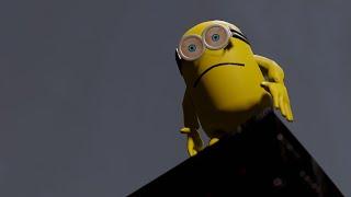 a minion overdoses on microplastics and then proceeds to jump off a rooftop