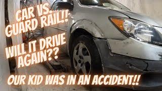 Kid wrecked his car!! Can we make it drivable again?  2003 Pontiac Vibe Vs. Guard rail!!! DIY repair