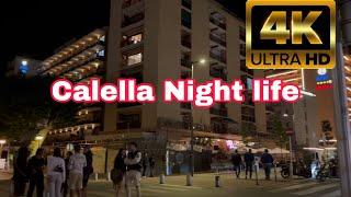 4K Calella walking tour, Catalonia, Spain, Barcelona, Shops and restaurants , night walk HD , new