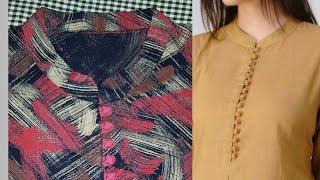 kurti ban collar cutting and stitching with button loops.