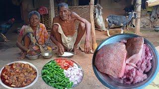 village old cauple cooking PORK CURRY and eating with water rice | village poor man how to cook pork