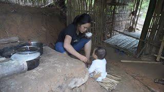 Single mother - using straw to cover the toilet lid - plays with her children