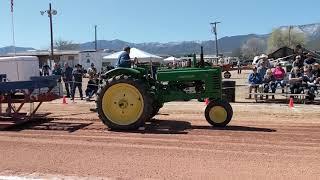 Roger Sommers pulls with John Deere B at Arizona Flywheelers' 2019 Show