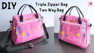 Triple Zipper Bag Tutorial | DIY Triple Zipper Bag | Two Way Bag Tutorial