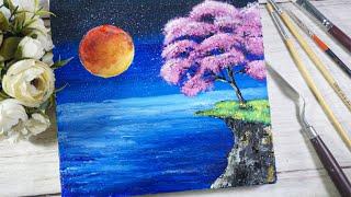 Alone Cherry Blossom Night Scene - Easy Acrylic Painting - ME ART #43