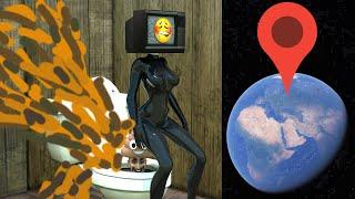 Giant TV Women poop on Skibidi Toilet on Google Earth!