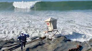 The Moment Waves Broke a Laguna Beach Lifeguard Tower:  Largest Waves in 50years?