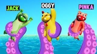 GIANT OCTOPUS ATTACKED OGGY,JACK AND PINKA In GANG BEASTS!