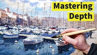 Watercolor Tutorial - How to achieve DEPTH in your paintings - Complex Harbour Scene!