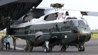 Military aircraft land in support of President Biden's trip on Marine One in France  