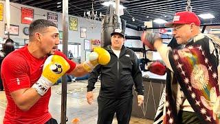 TEOFIMO LOPEZ BLASTING THE MITTS WITH TEOFIMO ST WHILE EDDY REYNOSO WATCHES