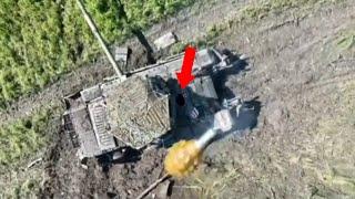 Russian T-80BV With Cope Cage Gets Target By Drone Dropping Grenade