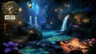 Magical Bioluminescent Forest Night Ambience: Nature Sounds, Campfire & Waterfall 