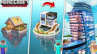 Minecraft MODERN HOUSE ON WATER BUILD CHALLENGE : NOOB vs PRO vs GOD / Animation